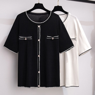 Large size women's summer clothing small fragrant wind Ice Silk needle knitted thin coat fat MM200/300kg short sleeve T-shirt