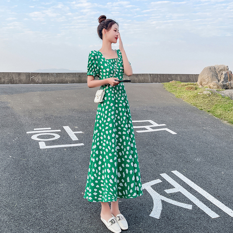 Sexy Short-sleeved Korean Hepburn-style Elegant Dress, A-line Chiffon, Pure And Alluring, Plus-size, Green Floral_ecoleips.com