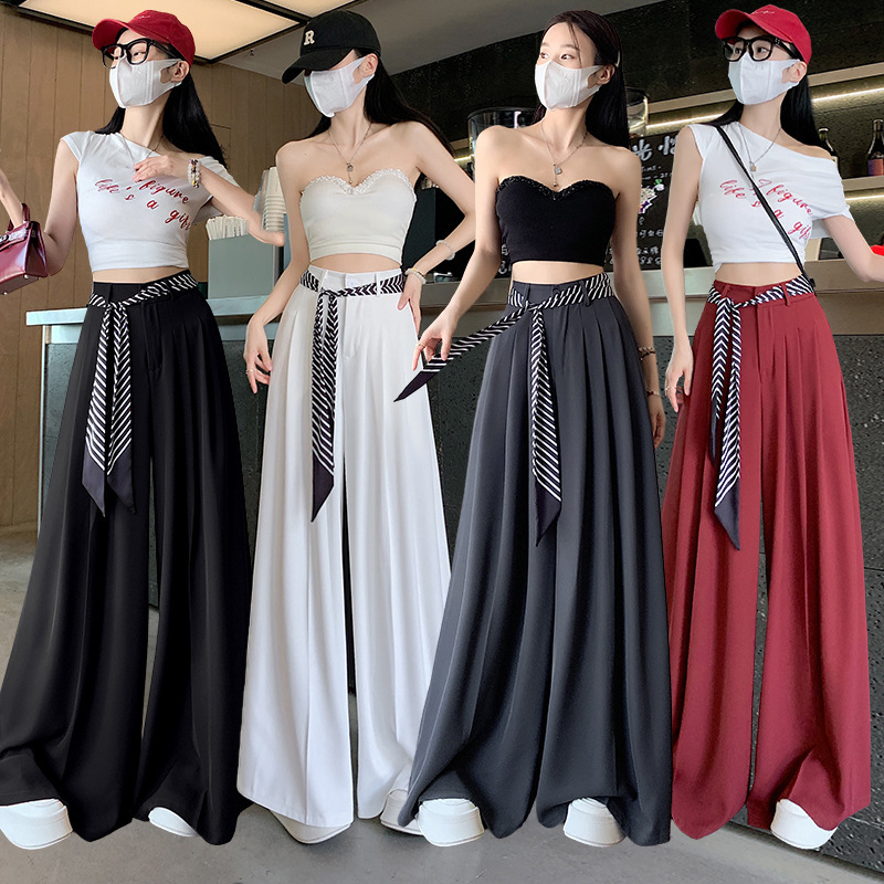 女性のためのハイエンドスーツワイドレッグパンツ 2025 夏薄いシルクスカーフレースアップハイウエストドレープストレートレッグフロアレングスパンツ|undefined