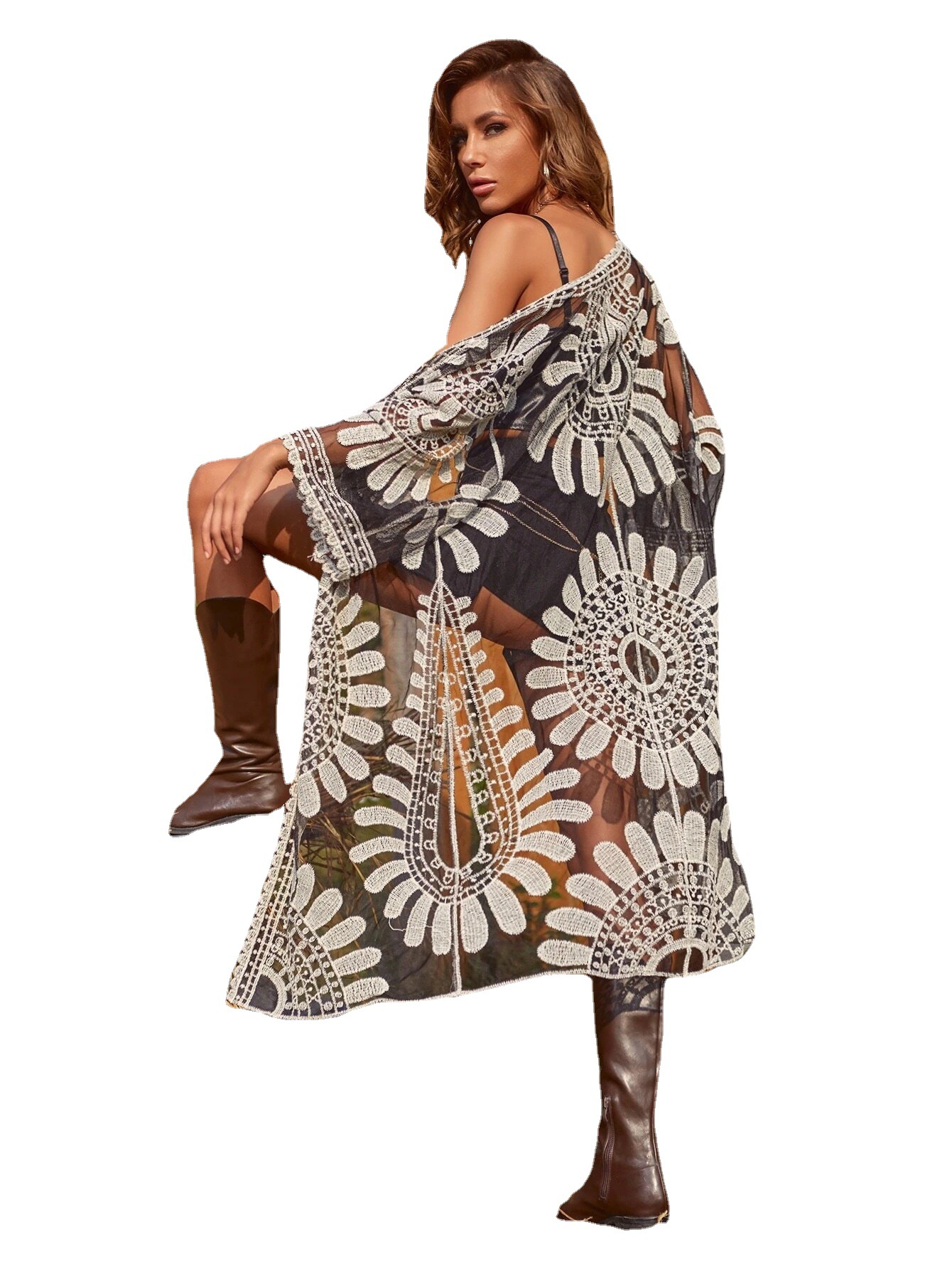 Ins Internet celebrity rebeca de encaje soluble en agua girasol playa falda de vacaciones traje de baño de longitud media bikini ropa de protección solar para mujeres