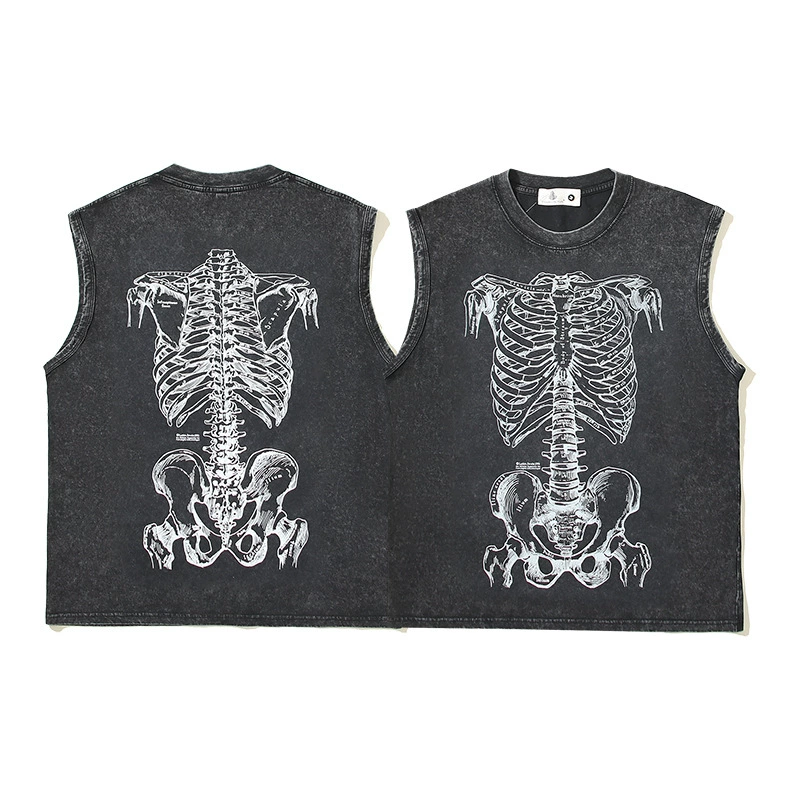 Американский уличный скелет с черепом, шикарный хип-хоп, темно-украшенный стиль, стиль пусторы, потертый ретро потертый жилет, жилет, пот