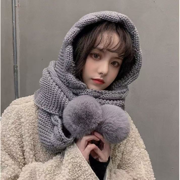 韩版毛线帽子女秋冬外贸连围巾一体帽可爱毛球护耳加厚保暖针织帽|undefined