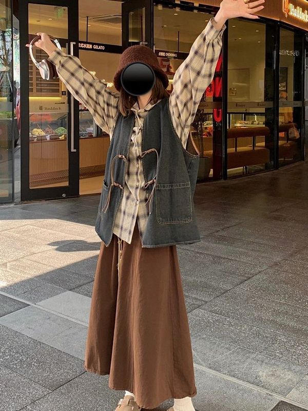 法式复古设计感小众牛仔坎肩女学生早秋款外穿衬衫新款三件套装|undefined