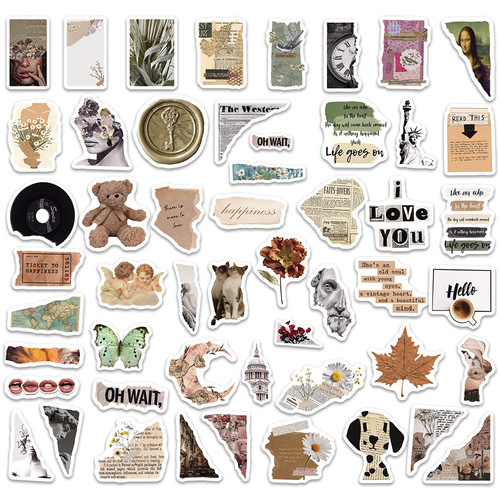 50 retro stickers, retro shabby newspapers, literary notebooks, water cups, waterproof graffiti stickers