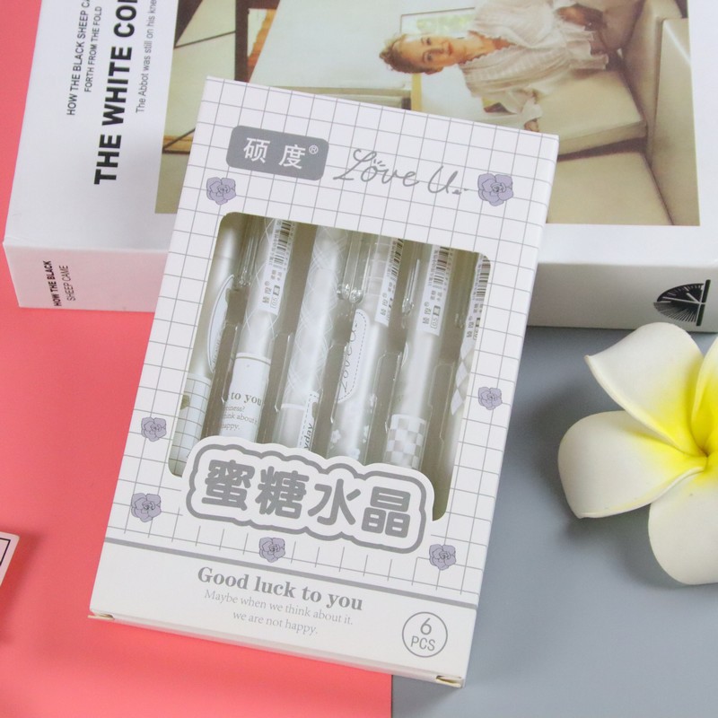 6 piezas en caja ST cabeza de prensa pluma de gel de prensa de alta apariencia estudiante creativo cepillo pregunta pluma mismo color firma pluma