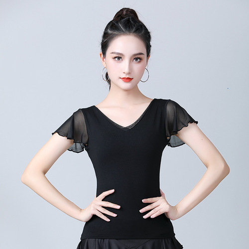 Latin dance tops for women adult  new short-sleeved dance clothing fashionable black national standard modern dance practice clothes
