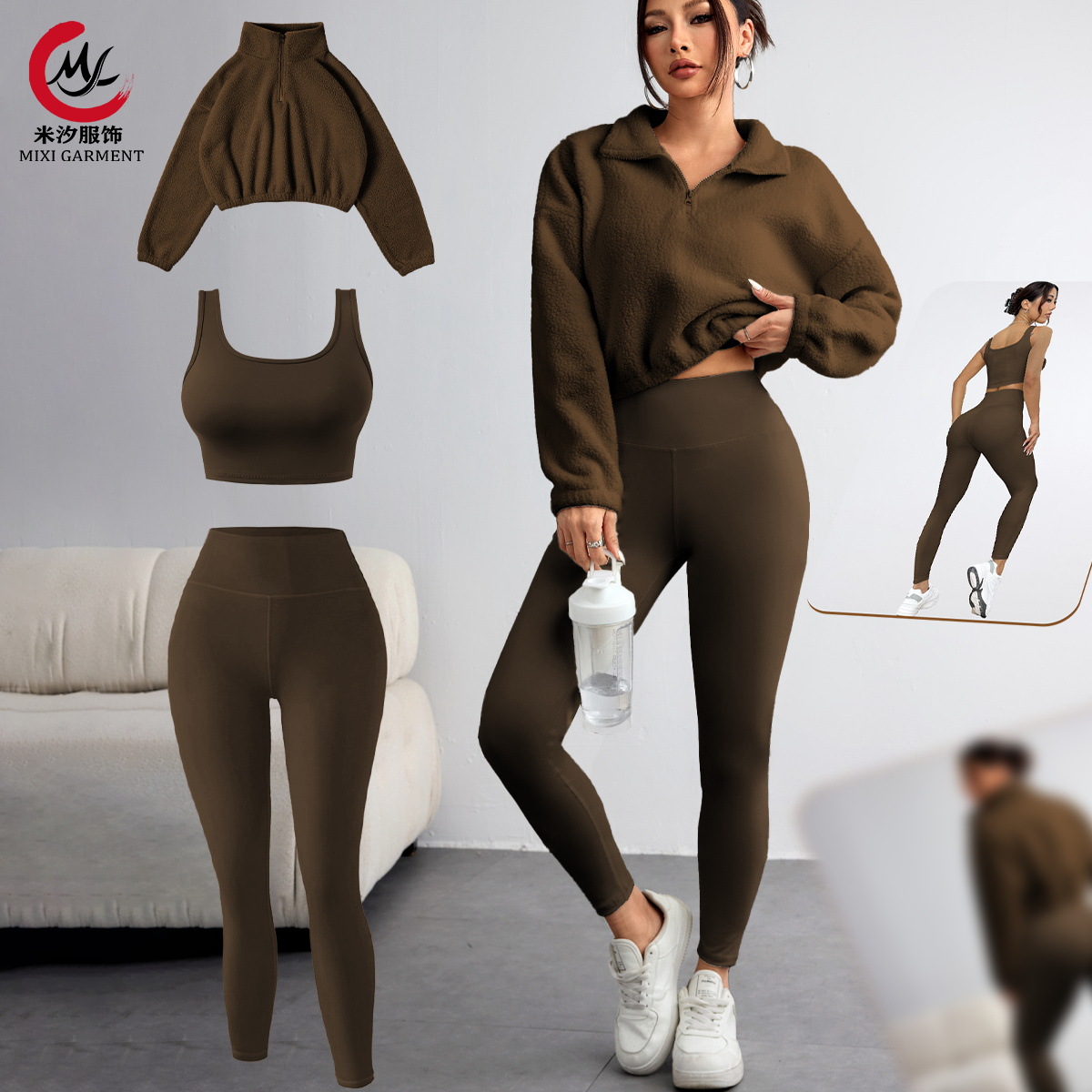 European and American Cross-Border Autumn and Winter New Style Fleece Half-Zip High-Neck Sweatshirt Three-Piece Set Vest and Long Pants for Women's Sports and Fitness