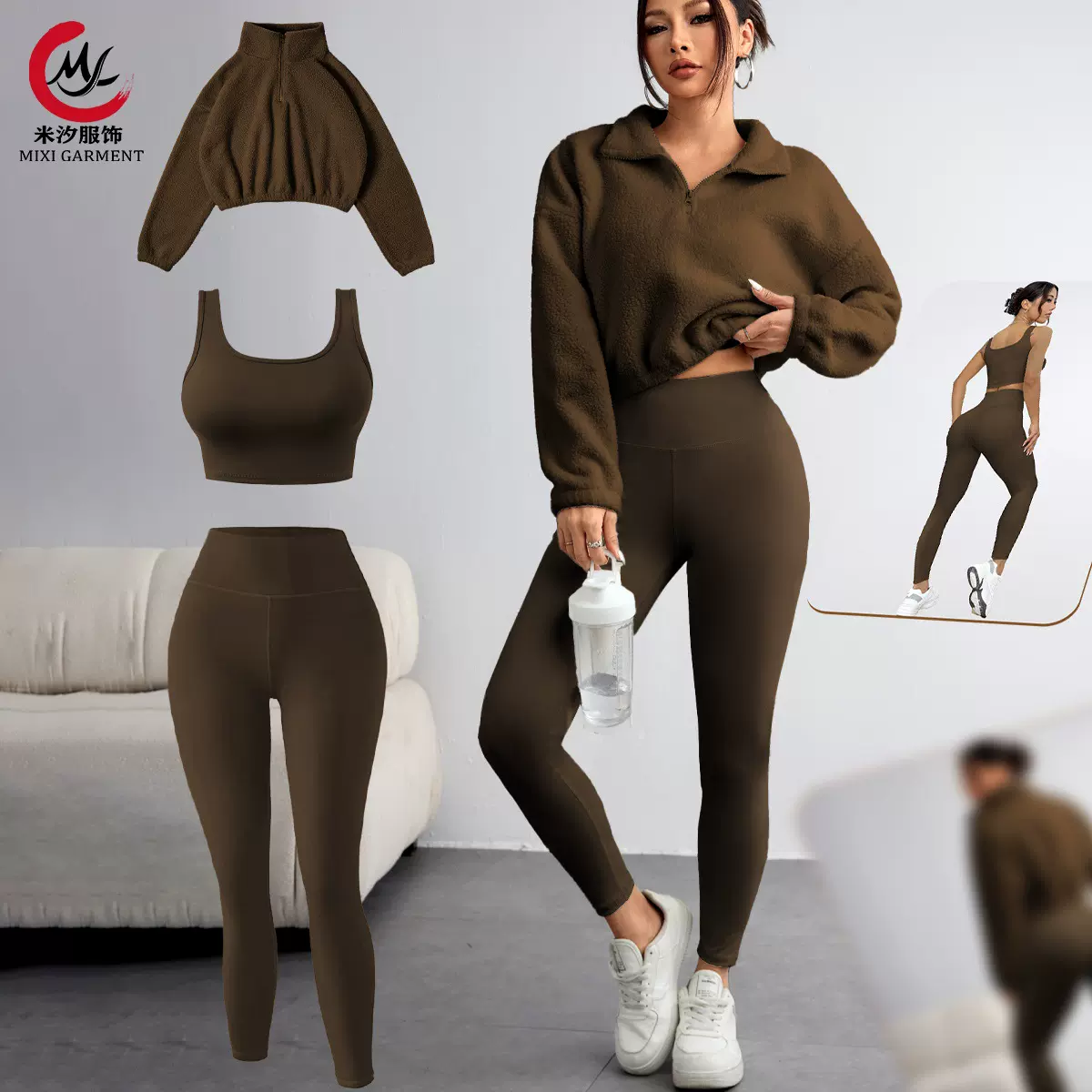 欧美跨境秋冬新款摇粒绒半拉链高领卫衣三件套背心长裤女运动健身