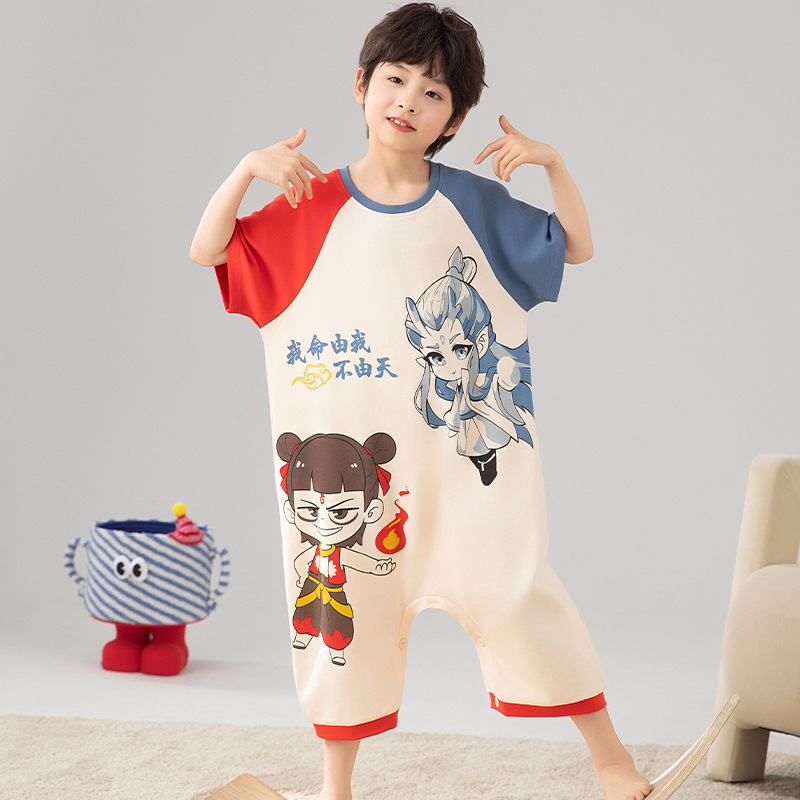 Children's One-Piece Pajamas for Boys Summer Thin Pure Cotton Boys Nezha Ao Bing Short-Sleeved Medium and Large Kidsren's Anti-Kick Sleeping Bag