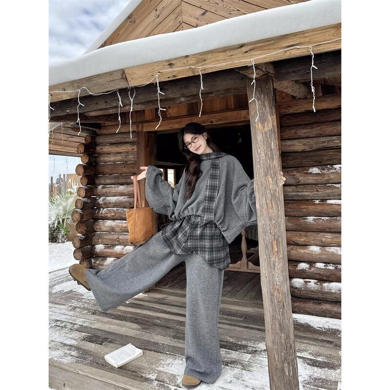 Real Shot Design Gray Woolen Sweatshirt with Irregular Plaid Skirt and Fake Two-Piece Wide-Leg Pants Suit for Women Real Shot Design Gray Woolen Sweatshirt with Irregular Plaid Skirt and Fake Two-Piece Wide-Leg Pants Suit for Women