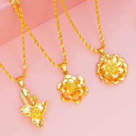 时尚仿真金沙金花朵吊坠女款民族风铜镀24K黄金玫瑰花挂件项饰