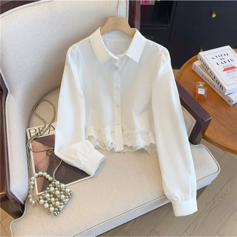 French Sweet White Lace Splicing Shirt for Women, New Autumn Design, Niche, Western Style, Age-Reducing Short Top French Sweet White Lace Splicing Shirt for Women, New Autumn Design, Niche, Western Style, Age-Reducing Short Top