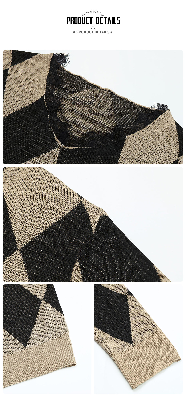 Pull décontracté à manches longues et col rond en patchwork de diamants_voghion.com