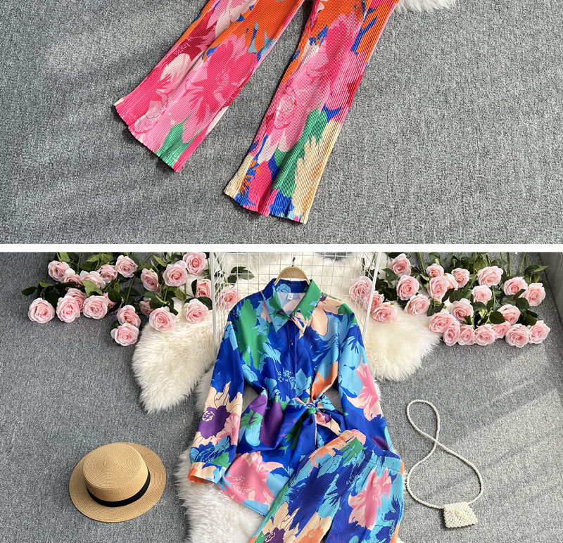 Women's Clothing Fashion suit women's casual loose long sleeved single breasted shirt two piece set high slimming tie dye printed wide leg pants_voghion.com