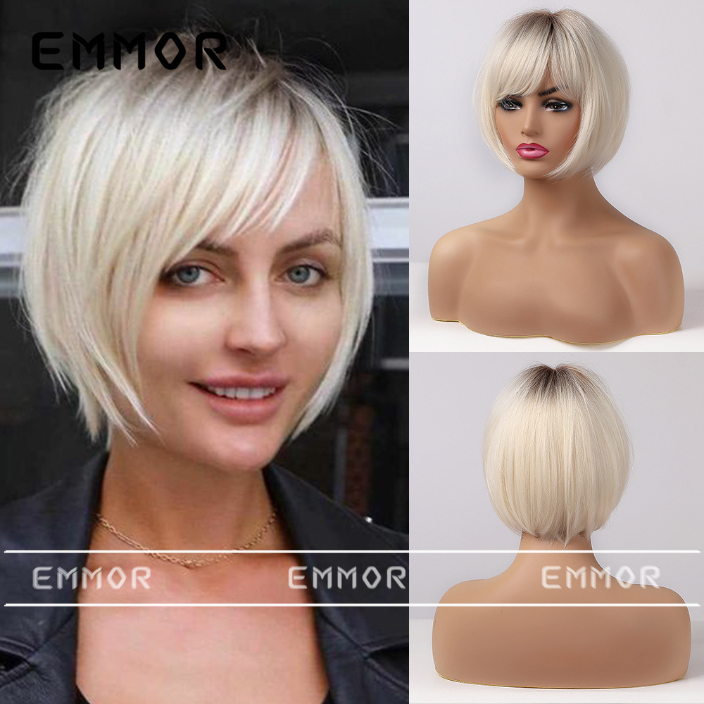 Emmor comercio exterior peluca de moda transfronteriza cabeza teñida cinta de platino negro bangs pelo corto recto peluca de cabeza completa hembra