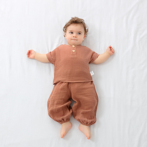 Baby suit summer short-sleeved pure cotton gauze split two-piece pajamas thin baby air-conditioning suit cuffed pants