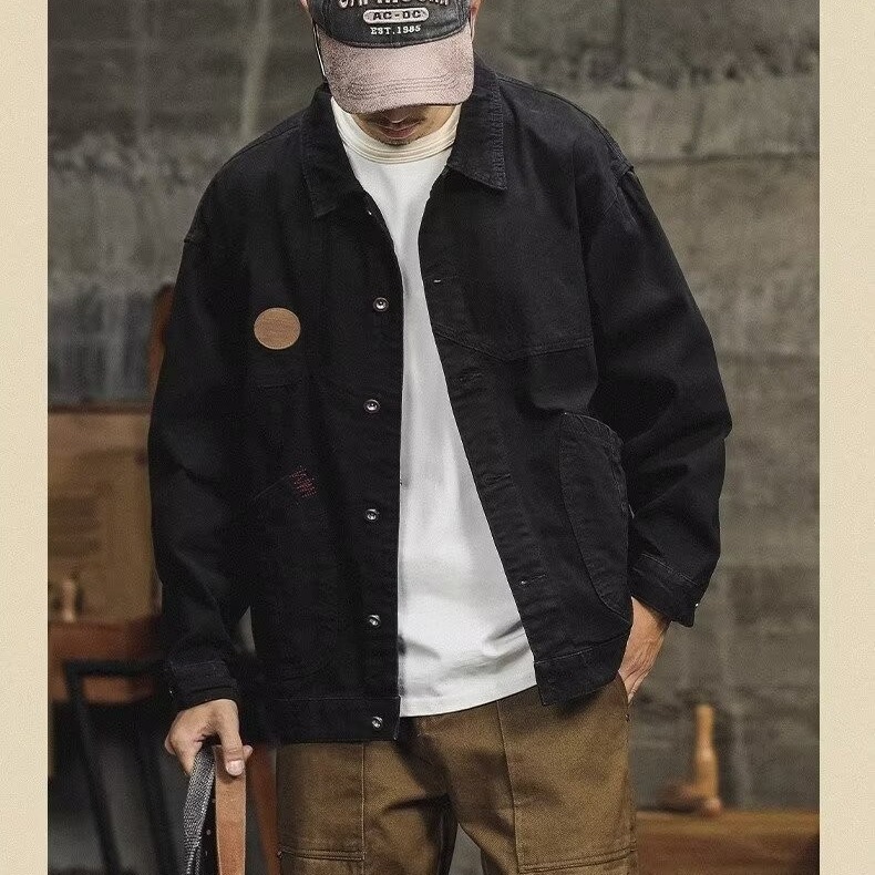 아메리칸 스타일 레트로 툴링 데님 재킷 남성 가을 트렌디 브랜드 루즈 캐주얼 다크 브라운 앤티크 왁스 프리 헌팅 재킷