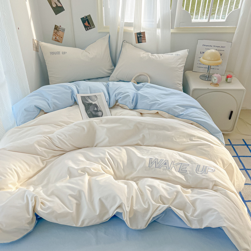 Bordado de cuatro piezas de algodón lavado 2024 nueva ropa de cama funda de edredón sábana dormitorio de estudiantes sábana de tres piezas 34