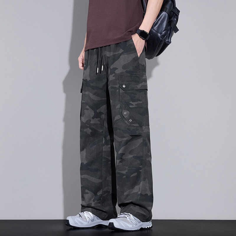 American Retro Black and Gray Camouflage Multi-Pocket Trousers for Men, Spring and Summer, Drapey, Wrinkle-Free, Street Style, Straight-Leg, Functional Work Pants American Retro Black and Gray Camouflage Multi-Pocket Trousers for Men, Spring and Summer, Drapey, Wrinkle-Free, Street Style, Straight-Leg, Functional Work Pants
