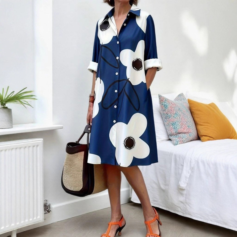 Optimized Resort-Style Socialite Print Midi Skirt - Loose-Fitting Popular European and American Shirt Long-Sleeve Dress