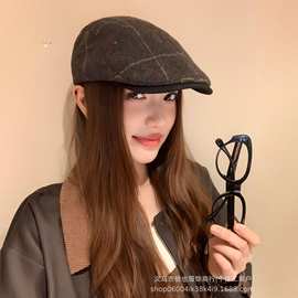 英伦风报童帽新款羊毛混纺格纹前进帽女大头围显脸小贝雷帽