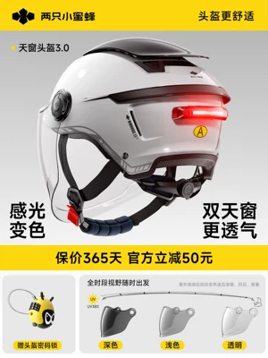 Two Little Bees 3C Certified Electric – Motosiklet kaskı (dəbilqə) - 30-tail-light-model-color-changing-long-mirror-uv-blocking-rate-99-panda-white
