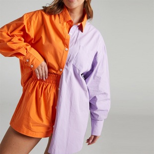 Spring and Summer New POLO Single-breasted Candy-colored Color-blocked Long-sleeved Shirt Elastic Waist Shorts Two-piece Suit 13 Colors for Women