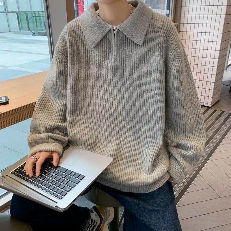 Semia cremallera suéter de polo masculino primavera japonés relajado retro alta sensación de tendencia suelta camiseta de punto