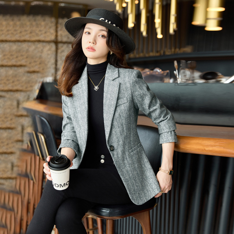 Gray Tweed Blazer for Women 2025 Autumn and Winter New Style with Hidden Pockets and One Button Slim Fit Suit Jacket