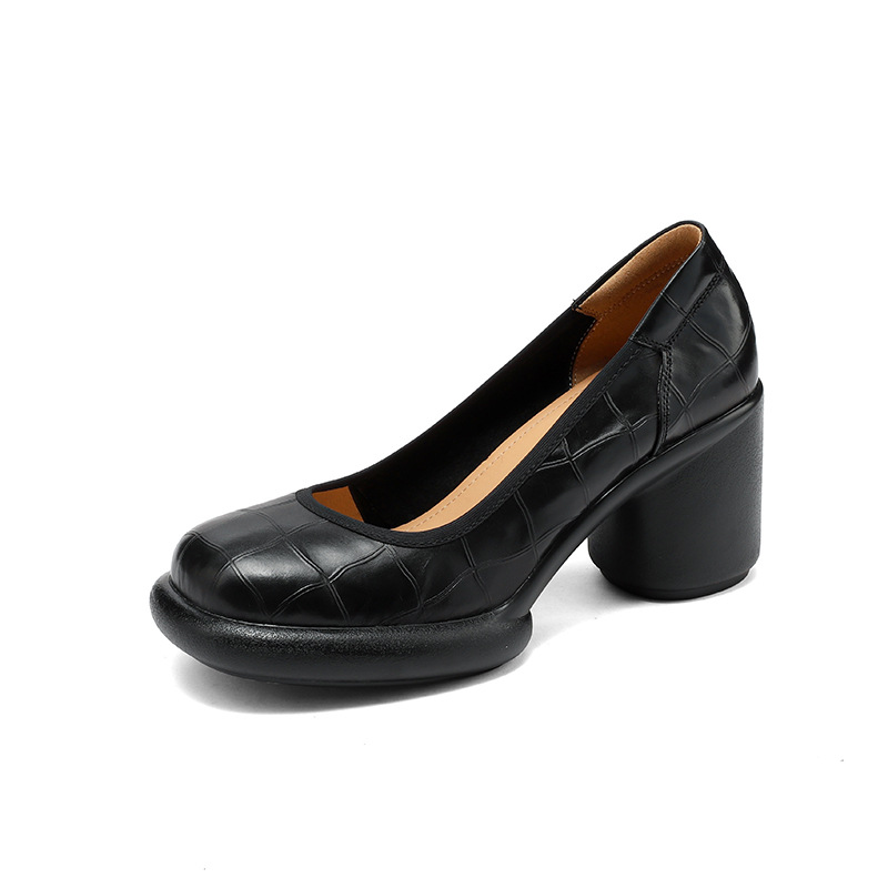 Giày cao gót nữ đế dày platform miệng nông gót vuông 8 cm — nâu