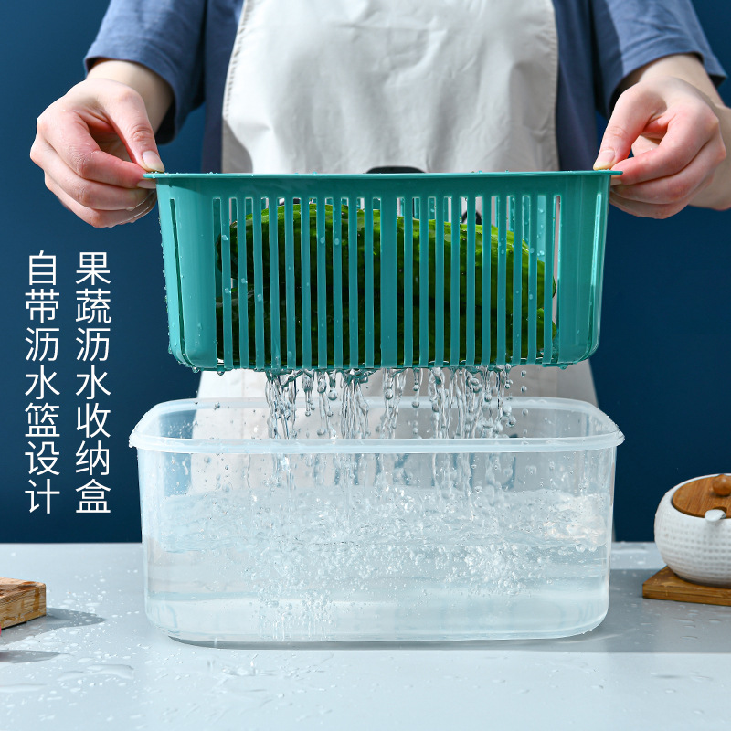 Fábrica al por mayor de doble capa de calidad alimentaria de mantenimiento fresco autónomo cesta de drenaje cocina refrigerador sellado caja de almacenamiento de frutas y verduras traje