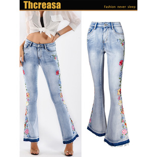 Flared Jeans Women's European and American Heavy Industry 3D Embroidered Women's Jeans Trousers Flared Pants Large Size Women's Clothing