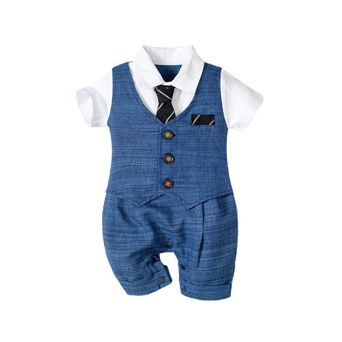 Cross-border European and American summer new hooded short-sleeved one-piece romper, baby boy gentleman's khaki suit one piece dropshipping