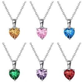 彩色宝石爱心项链女 欧美风心形镶嵌吊坠设计感配链跨境银饰批发