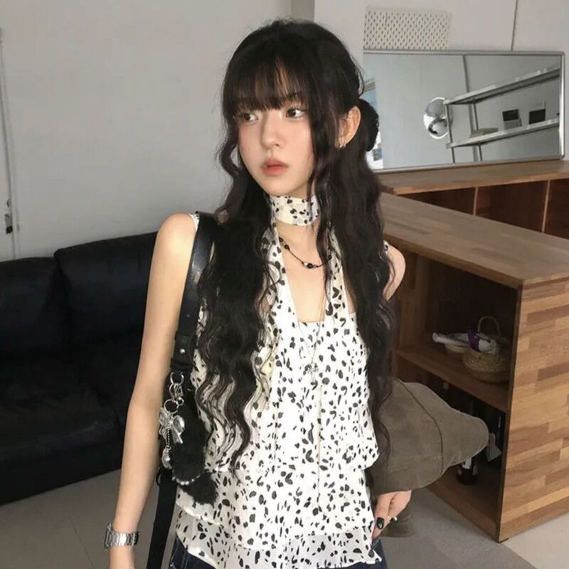 韓国の甘いヒョウ柄フリルノースリーブトップ甘くてクールなホットガールホルターネックレースアップルーズキャミソール|undefined