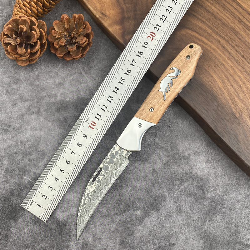 跨境热销大马士革折叠刀高硬度户外随身防身求生刀多功能烧烤割肉