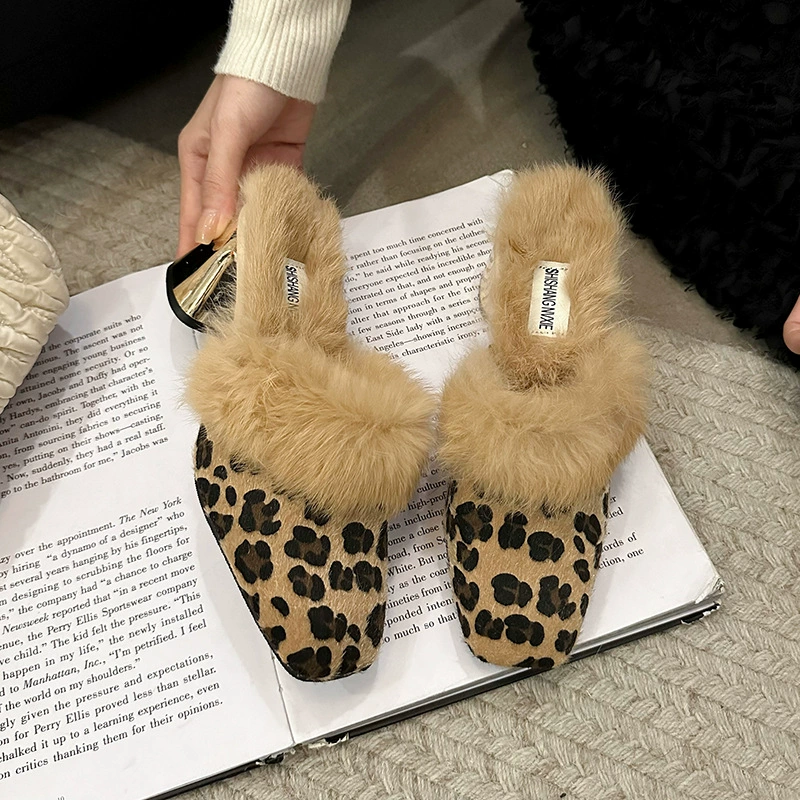 35-43 размера плюс размер женские туфли с леопардовым принтом шерстяные тапочки женские осенние и зимние высокие каблуки