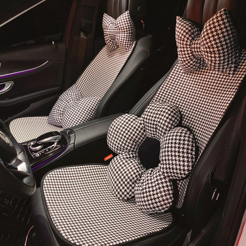 Houndstooth Car Interior Headrest Neck Pillow Women's Winter Cute Car Seat Belt Shoulder Guard Gear Handbrake Cushion