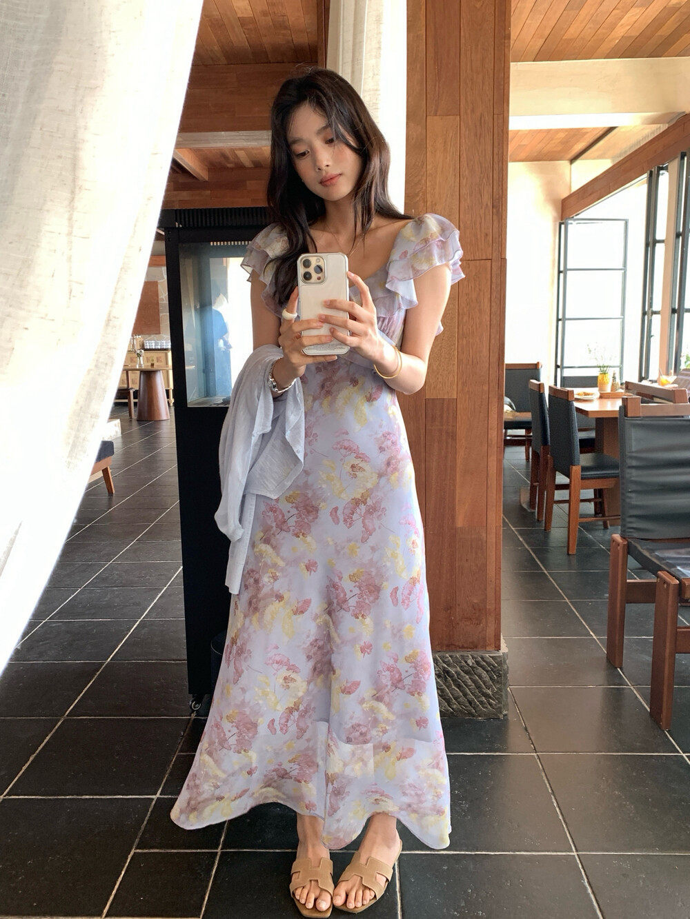 Đầm maxi nữ thắt eo cổ yếm họa tiết hoa nhí phong cách Pháp — màu tím chi tiết 12