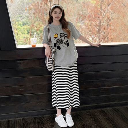 Maternity Skirt Set Summer Korean Style Printed Short-Sleeve T-Shirt Loose Fit to Cover Belly Petite Casual Two-Piece Trendy Set