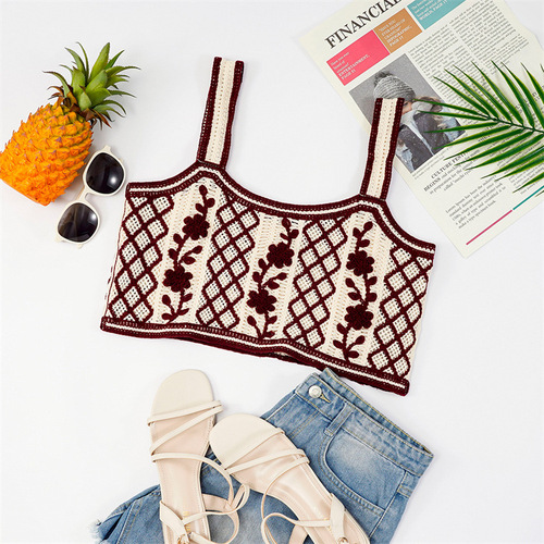 Versatile embroidered camisole hollow knitted women's sleeveless style personalized top short inner vest