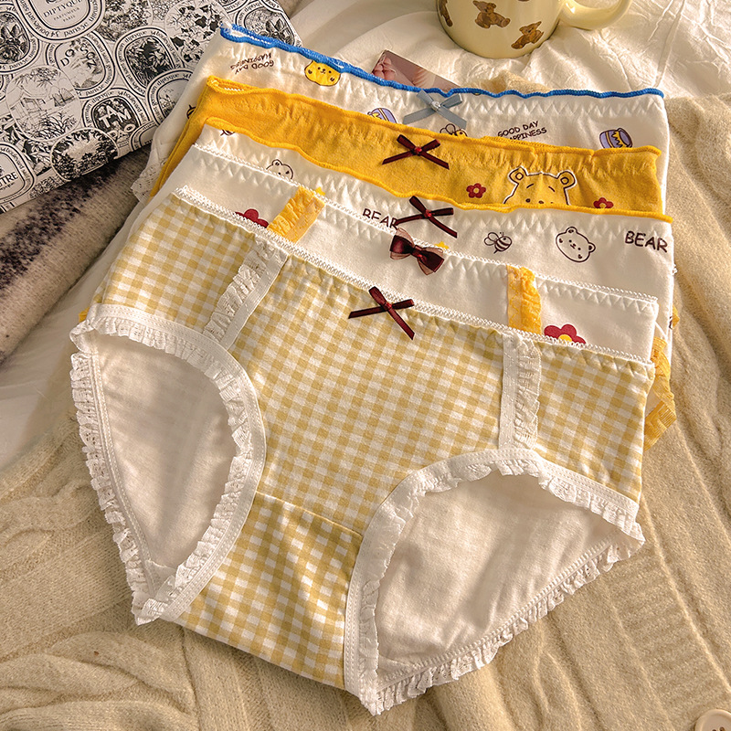 Girls' Pure Cotton Mid-Waist Underwear, Cute Bow, Internet Celebrity Hot Style, Comfortable and Breathable Student Plaid Briefs