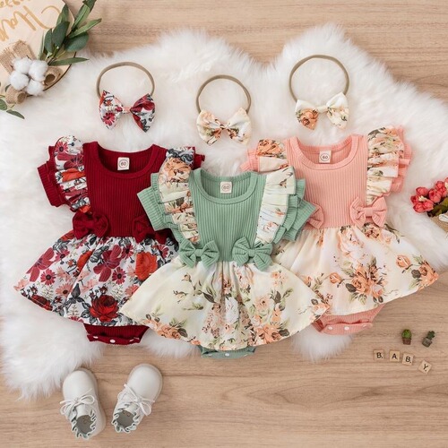 Baby clothes one-piece dress, baby broken lace bow triangle clothes, short-sleeved, 120g cotton one-piece dress
