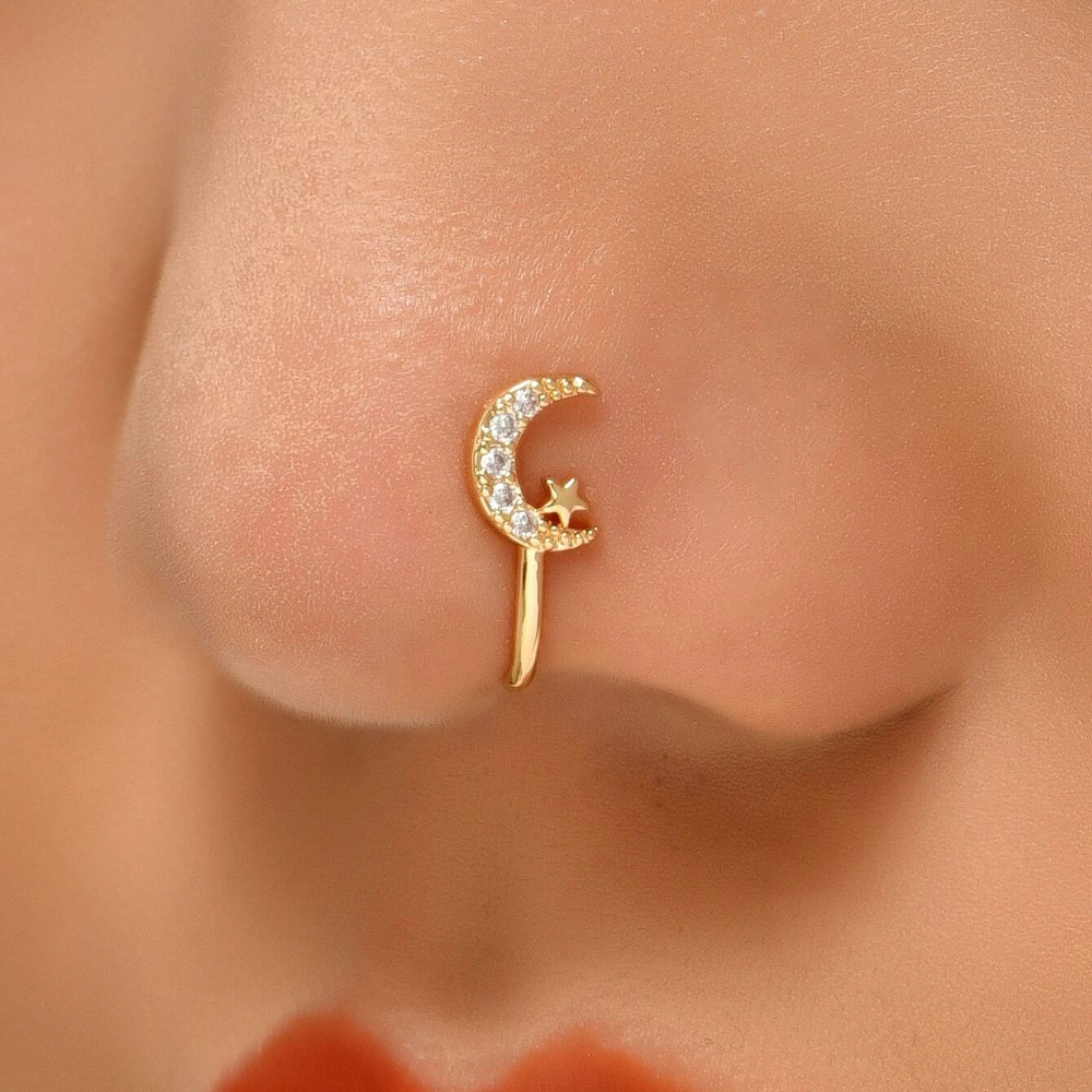 2g Weight Nose Ring Classification 1 Piece Quantity Daily, Street Occasion 925 Sterling Silver Material Star, Moon Pattern Women's Gender Plating Design Simple Style Style 1 Piece Nose Rings & Studs Simple Style Star Moon 925 Sterling Silver Plating 44
