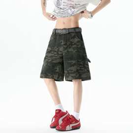 美式迷彩工装短裤男夏季潮牌宽松直筒中裤休闲过膝五六分裤子