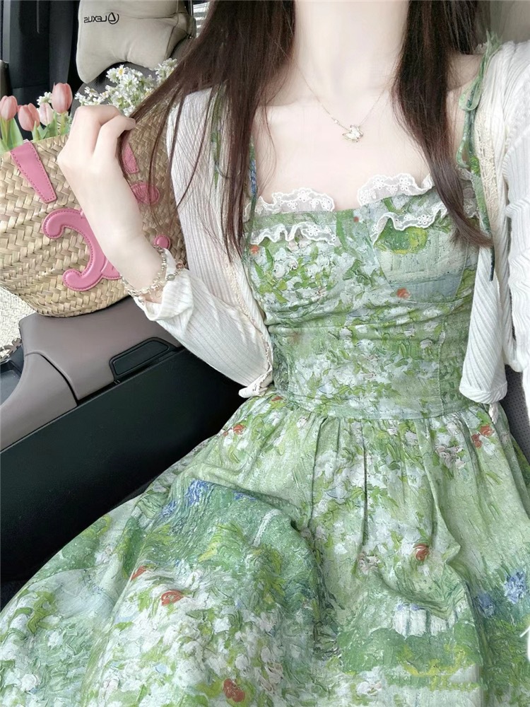 Đầm dây in họa tiết tranh sơn dầu trà chiều chất liệu chiffon Pháp dáng suông — màu xanh lá cây chi tiết 1