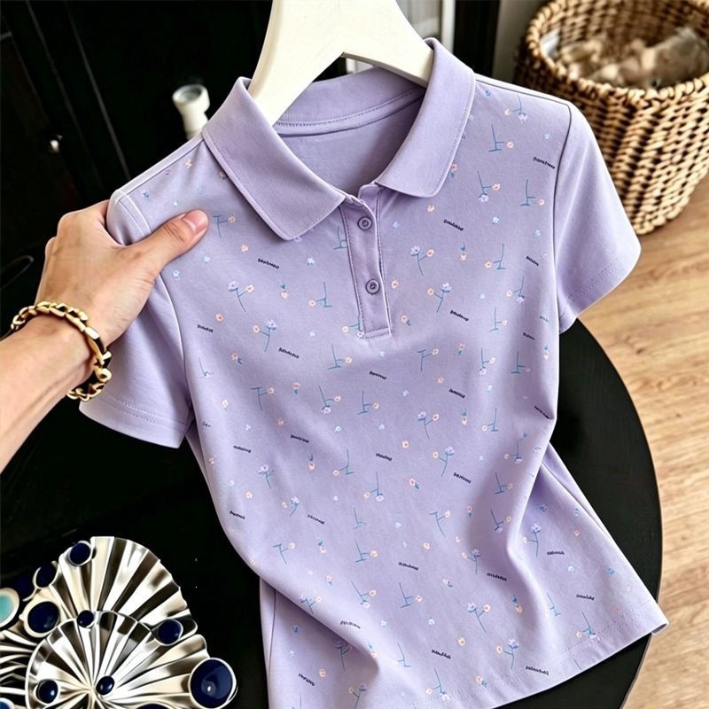 [95% combed cotton, 5% spandex] Summer versatile and youthful short-sleeved women's stylish printed top.