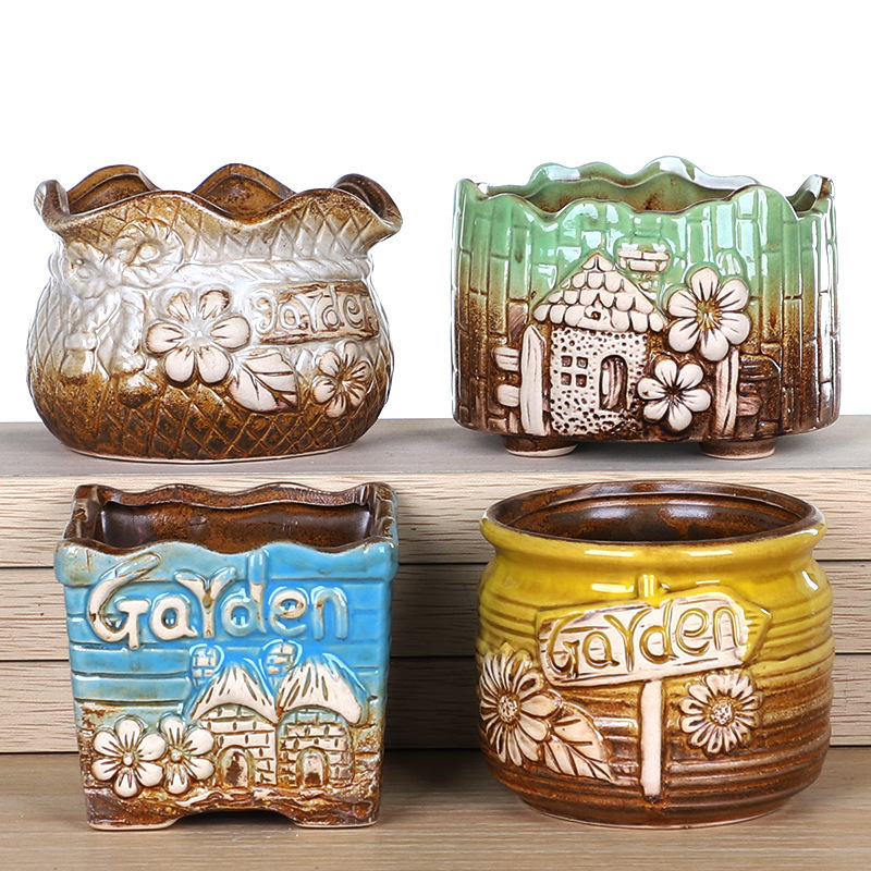 Creative and Personalized Succulent Flower Pots, Ceramic Coarse Pottery Breathable and Water-Absorbent Desktop Small Potted Green Plant Pots, Direct Supply from the Manufacturer