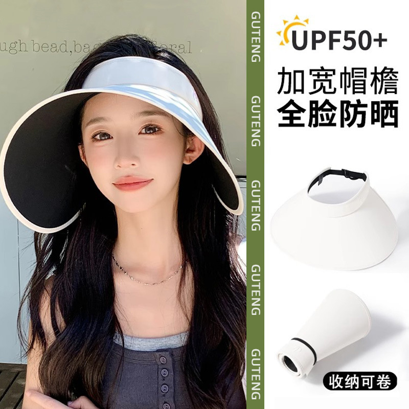 Black Rubber Empty Top Sunscreen Hat Women's Summer Anti-UV Big Brim Full Face Sunshade Hat 2025 New Sun Hat