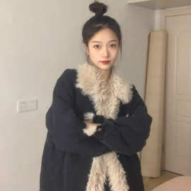 夹棉加厚黑色牛仔外套女冬季复古宽松羊羔毛拼接棉衣百搭保暖棉衣